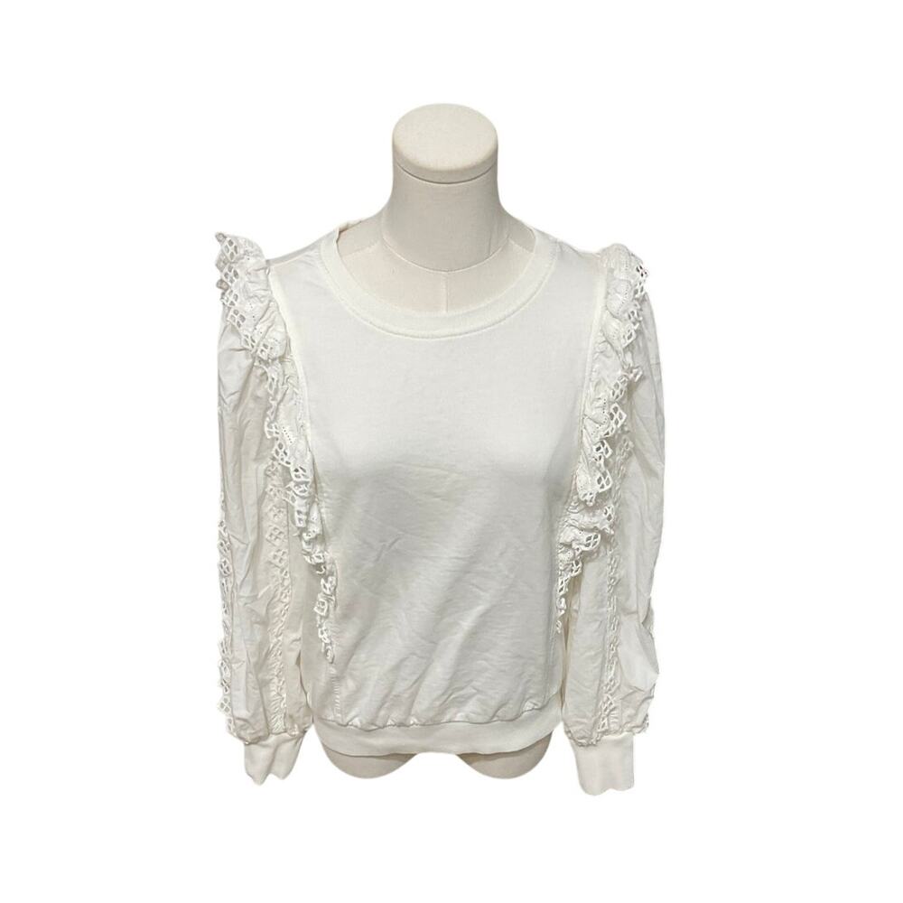 By Anthropologie Off-White Lace Ruffle Sweatshirt Size XS Cotton Western